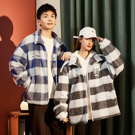 唐狮仿羊羔毛情侣外套冬季新款棋盘格男女外套夹克保暖加厚青少年商品大图