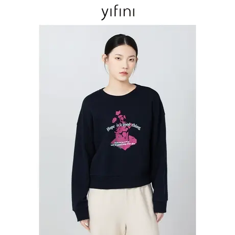 Yifini/易菲宽松短款印花圆领抓绒卫衣女2023秋季新款纯棉套头衫图片