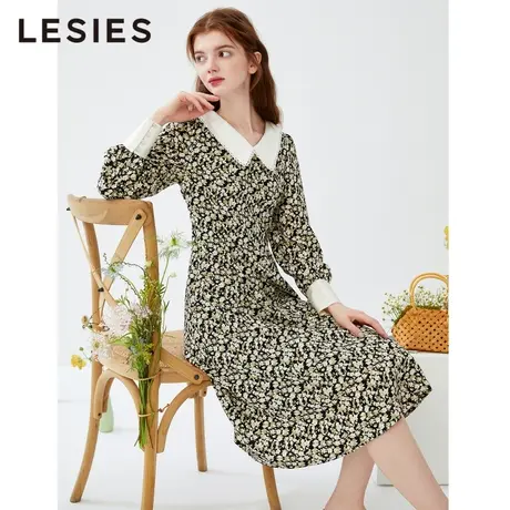 LESIES蓝色倾情春秋新款 碎花拼接设计织带雪纺淑女风连衣裙图片