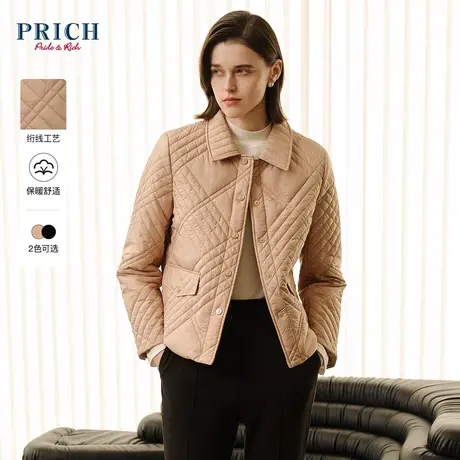 PRICH2023冬新款保暖防风交错绗线短款翻领工装修身棉服外套女商品大图