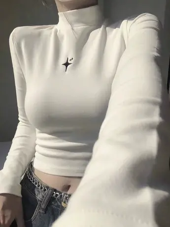 纯欲风白色半高领打底衫女秋冬加绒内搭长袖t恤修身显瘦短款上衣商品大图