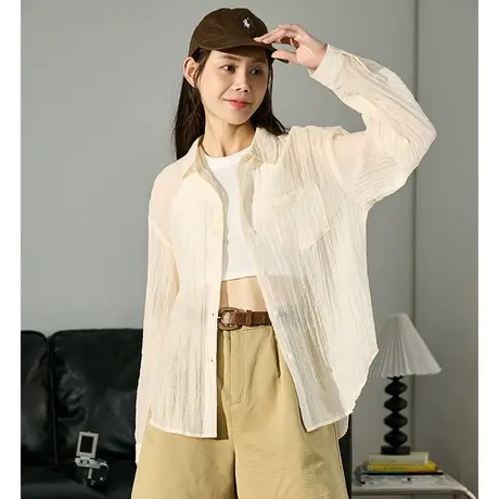 唐狮2023夏季新款长袖衬衫女薄款外穿衬衣开衫配吊带外搭外套罩衫商品大图