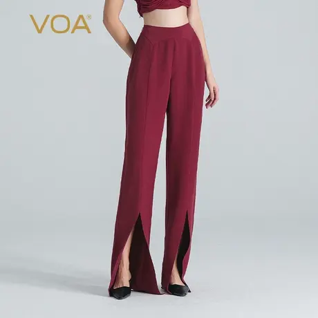VOA车厘子红40姆米重磅桑蚕丝自然腰侧口袋开叉脚口真丝直筒长裤图片