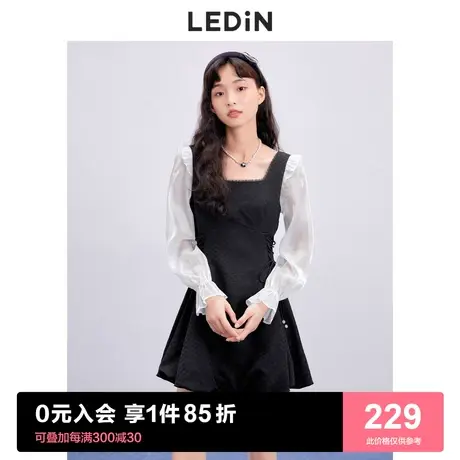 乐町方领拼接连衣裙2023春夏女装雪纺长袖系带收腰富家千金小黑裙商品大图