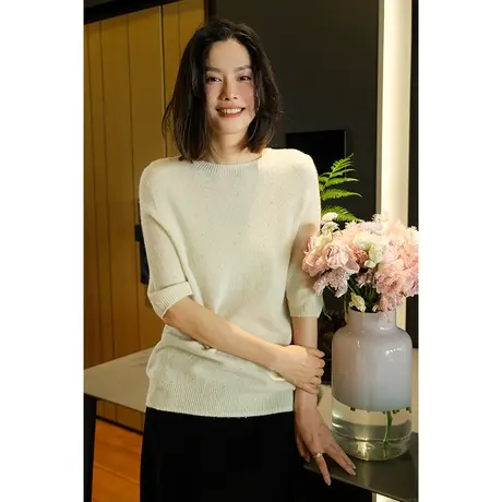 23秋冬新款优雅气质百搭滑肩亮丝亲肤轻柔软糯%100羊绒女士针织衫商品大图