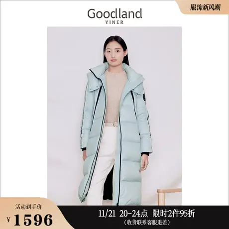 [聚暖白鹅绒]Goodland美地女装2023冬季织带立体标长款羽绒服商品大图