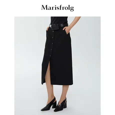 【休闲百搭系列】玛丝菲尔半身裙春季新款黑色修身开衩排扣半身裙图片