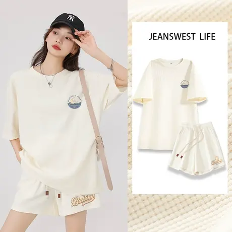 真维斯LIFE华夫格运动套装女夏2023新款小个子宽松百搭短袖两件套商品大图