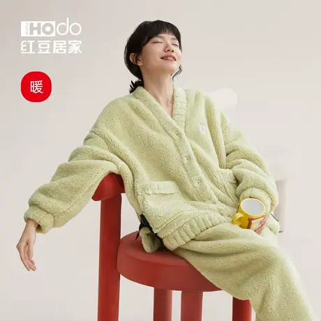 红豆居家珊瑚绒睡衣女加绒加厚保暖法兰绒家居服套装秋冬季锁温商品大图