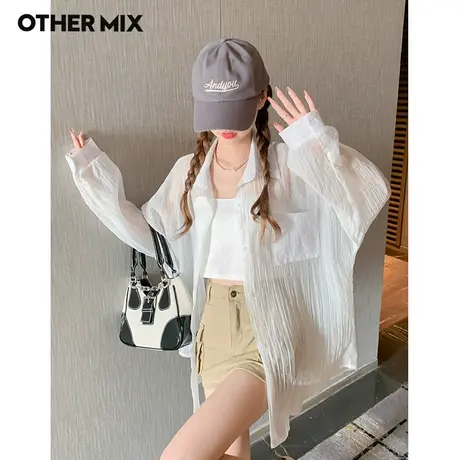 Othermix宽松蝙蝠袖透明衬衫2023夏季新款韩版翻领中长款防晒上衣图片