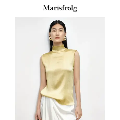 【商场同款】玛丝菲尔2023年秋季新款米黄色半高领时尚无袖T恤女商品大图