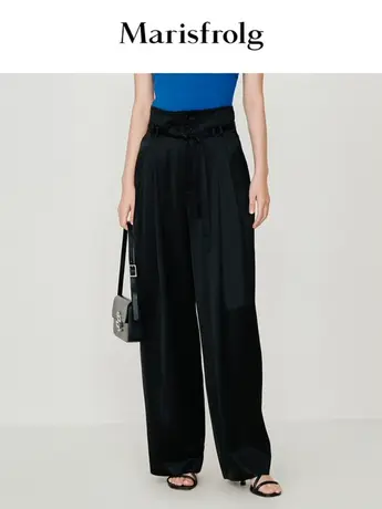 【言选好物】玛丝菲尔休闲裤23春季新款黑色醋酸高腰直筒裤女商品大图