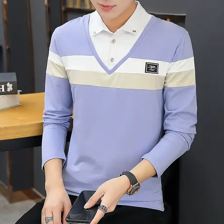 衬衫领长袖t恤男秋季新款潮流修身假两件卫衣男士打底衫上衣服TX商品大图