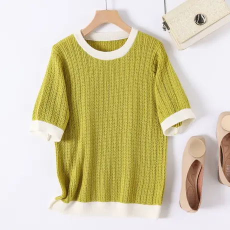 2023夏季新款女针织衫上衣短袖套头冰丝薄款镂空圆领冰麻毛衣T恤商品大图