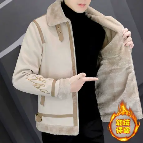 冬季加绒加厚男士棉服潮牌韩版毛领保暖冬装鹿皮绒夹克外套机车服图片