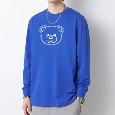 克莱因蓝重磅纯棉t恤男长袖2024新款宽松全棉内搭打底衫小熊体恤商品大图