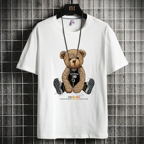 纯棉宽松短袖t恤男潮牌ins夏季2024新款港风半袖打底大码小熊体恤商品大图