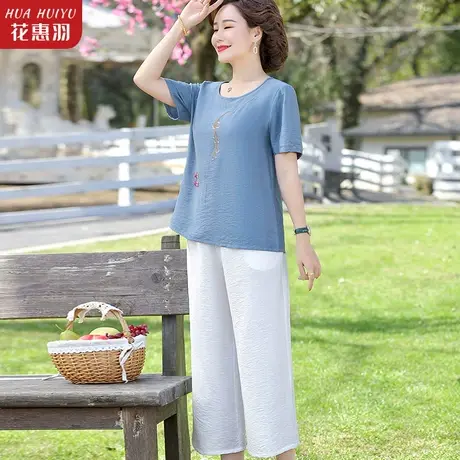 妈妈夏装休闲短袖洋气上衣中老年运动套装女40岁50夏季棉麻两件套商品大图