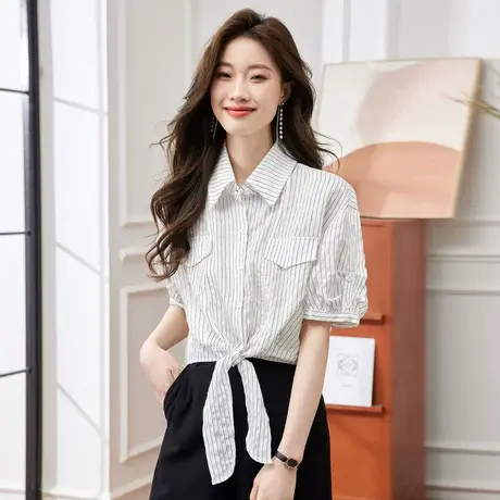 时尚气质翻领短袖衬衫2023年夏季新款淑女简约宽松显瘦通勤上衣商品大图