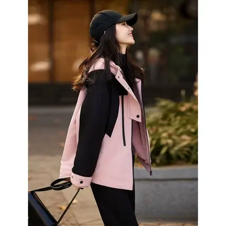 时尚气质外套2023年冬季新款女拼接撞色加绒加厚减龄休闲外套图片