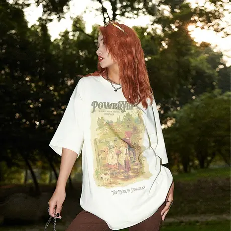 YEP美式复古农场印花短袖t恤女夏装2024新款潮牌oversize半袖上衣商品大图