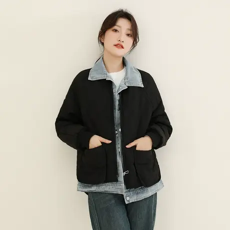 韩潮袭人2023冬季新款假两件拼接牛仔加厚棉衣棉服女休闲显瘦外套图片