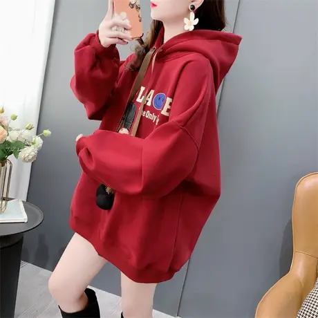 加绒加厚红色连帽卫衣外套女2023新款秋冬宽松设计感洋气减龄上衣商品大图