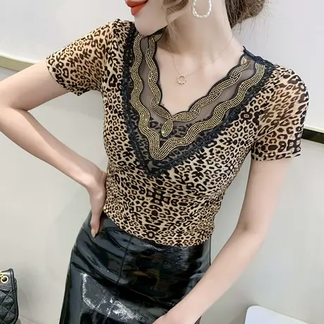 性感豹纹V领T恤女短袖夏装小众设计感烫钻上衣洋气刺绣网纱小衫潮商品大图
