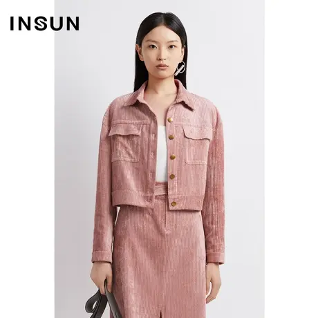 恩裳奥莱秋季棉质百搭浅粉色灯芯绒短外套图片