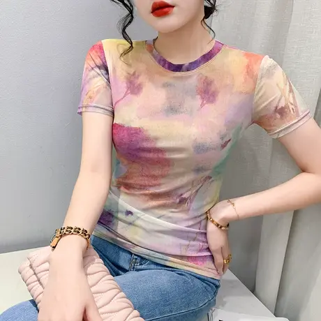 欧货网纱上衣女短袖时尚洋气修身小衫夏季扎染印花T恤别致半袖ins商品大图