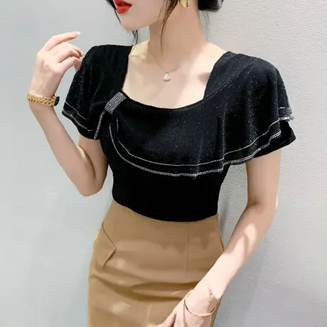 欧货荷叶边网纱T恤女短袖夏装新款性感修身上衣洋气烫钻小衫半袖商品大图