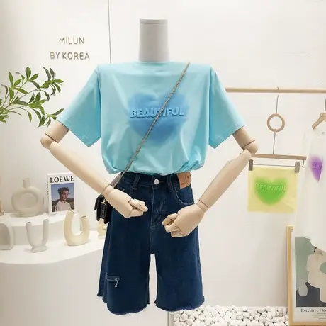 2022夏装新款韩国东大门ins简约字母爱心短袖T恤打底衫设计感上衣商品大图