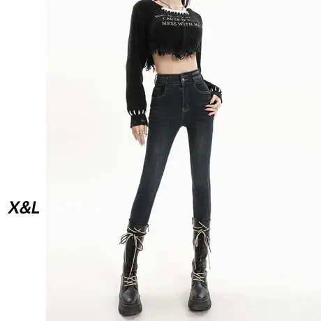 加绒紧身牛仔裤女秋冬2023新款小个子九分高腰显瘦修身小脚铅笔裤图片