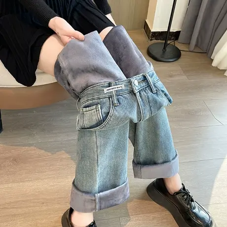 加绒加厚牛仔裤女秋冬2024新款高腰复古宽松显瘦小个子直筒阔腿裤商品大图