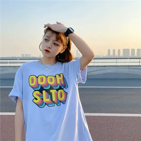 原创字母ins潮新款韩版2023夏装宽松bf百搭圆领纯棉短袖T恤女上衣商品大图
