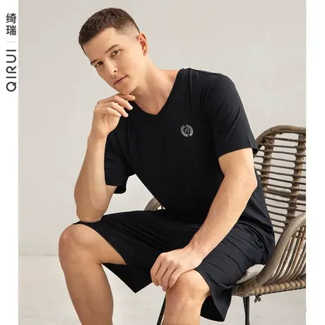 绮瑞莫代尔睡衣男士夏季薄款短袖纯色简约宽松大码运动家居服套装商品大图