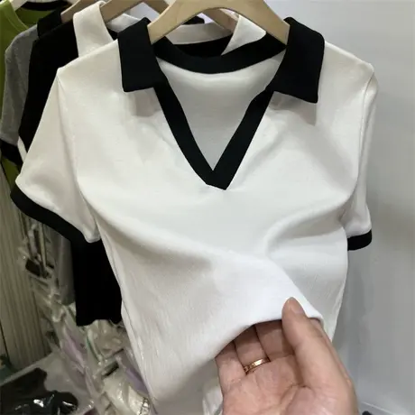 白色正肩短袖T恤女夏季2024新款设计感小众polo衫短款甜辣妹上衣商品大图