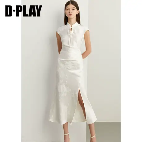 DPLAY新中式国风白月光改良旗袍缎面提花侧开衩连衣裙旗袍裙图片