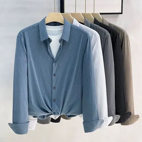 条纹高级设计感衬衫男长袖冰丝抗皱23春秋季新款商务休闲韩版上衣商品大图