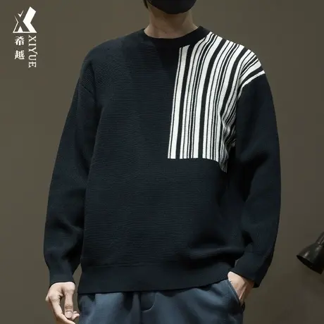 冬季12针元宝针毛衣男2023新款潮牌外套宽松大码日系男士条纹毛衫商品大图