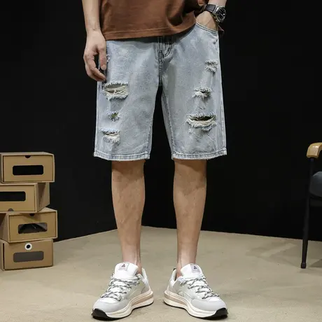 破洞刮烂牛仔短裤男士五分裤夏季潮牌2024新款宽松大码5分裤子男图片