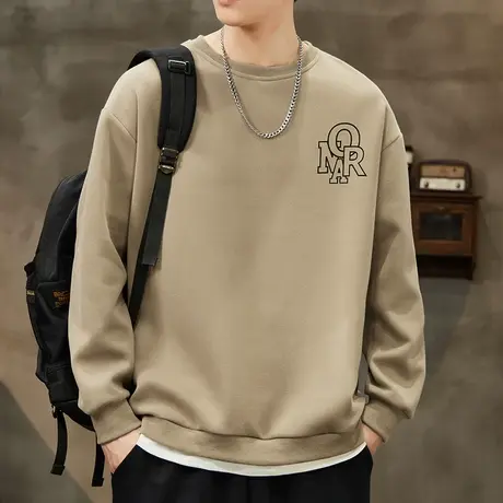 2023年新款卡其色重磅打底衫秋冬季男装内搭潮牌假两件圆领卫衣服商品大图