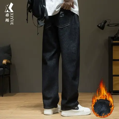 冬季加绒加厚水貂绒牛仔裤男2023新款长裤宽松大码休闲男士直筒裤商品大图