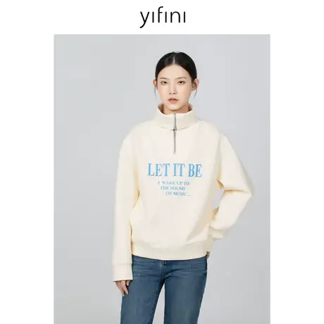 Yifini/易菲复古拉链立领落肩印花卫衣宽松长袖套头衫冬新款商品大图