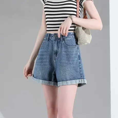 时尚气质牛仔短裤2023年夏季新款女士简约高腰显瘦百搭直筒裤商品大图