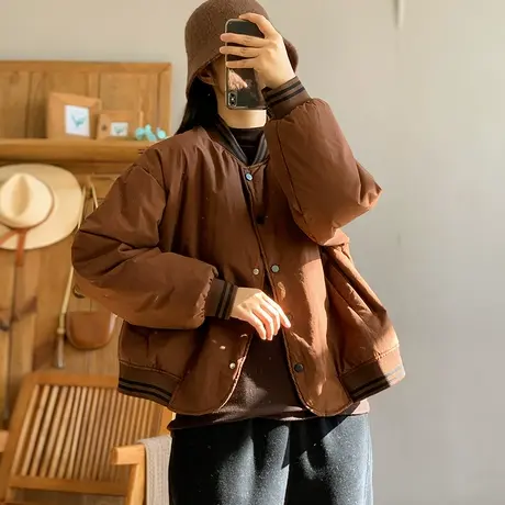 dza 复古宽松短款棒球领棉衣外套女冬新款拼接立领休闲棉服上衣女图片