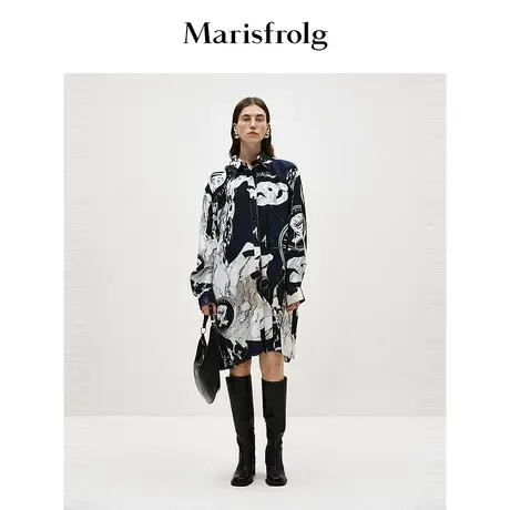 【商场同款】玛丝菲尔2024春新款大理石提花中长款设计感长袖衬衫商品大图