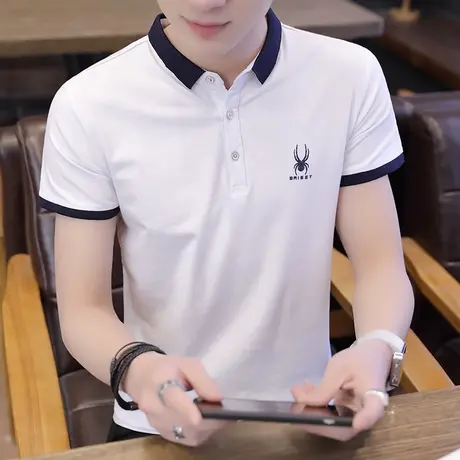 夏季新款纯棉短袖POLO衫男翻领时尚休闲印花纯色白色半袖汗衫潮流商品大图