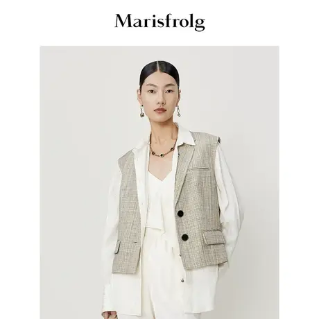 【轻礼系列】玛丝菲尔时尚气质衬衫领经典十字格纹修身马甲外套女商品大图