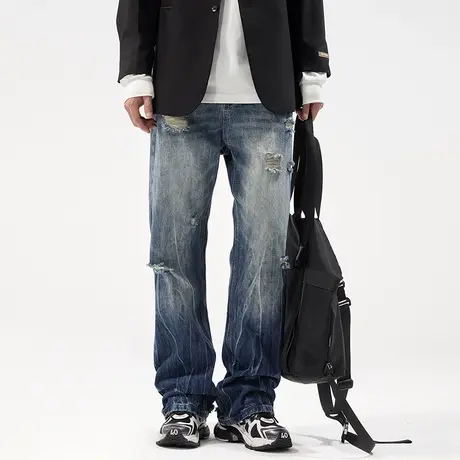 美式微喇破洞牛仔裤男直筒潮牌宽松长裤春秋季水洗休闲阔腿拖地裤商品大图